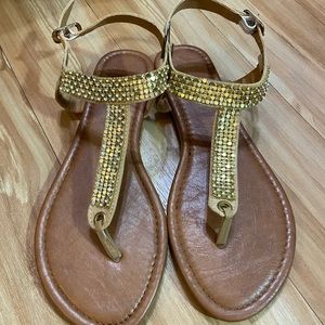 Claire’s Icing Gold Stone Chain Tan Suede Sandal